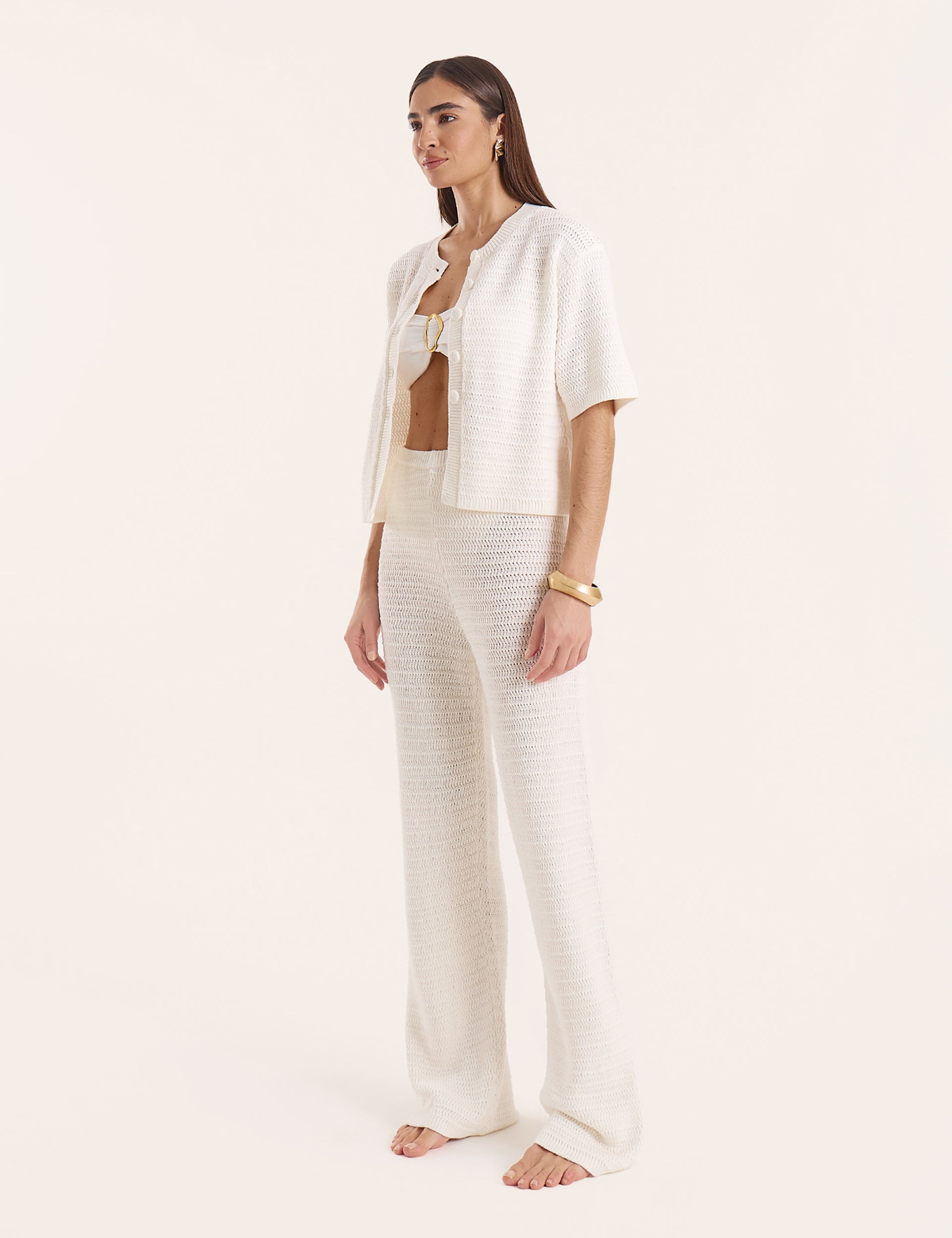 White Crochet Straight Leg Trousers